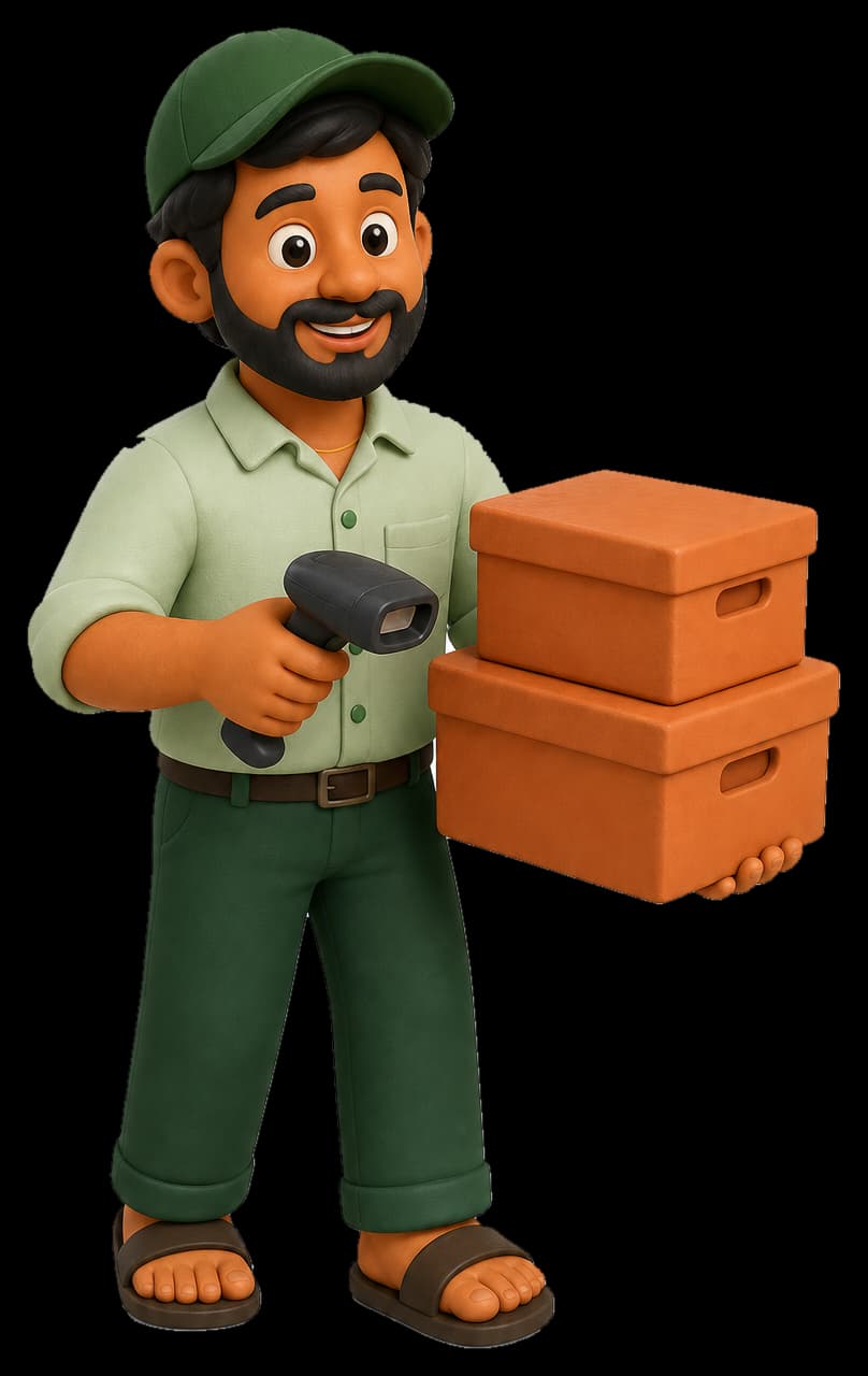Clay stock helper holding a scanner and boxes