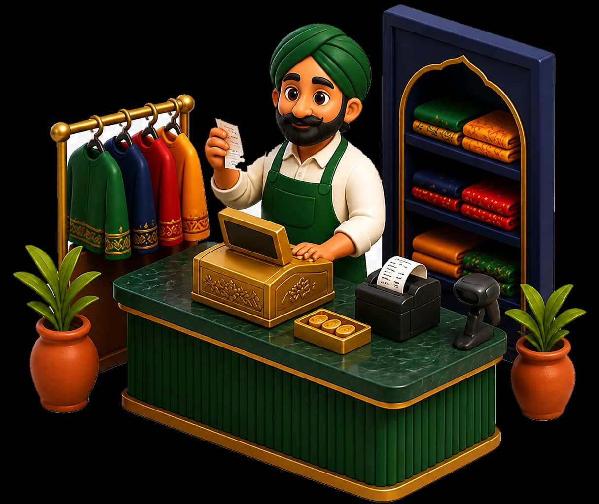 Clay Punjab clothing shop with shopkeeper, till, receipt printer, scanner and garments