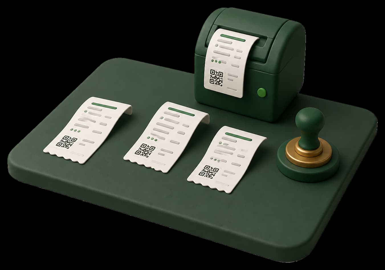 Clay receipt printer, three receipts and a fiscal stamp